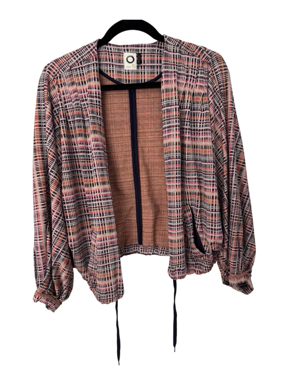 Akemi+Kin Pink Plaid Open-Front Drawstring Blazer with Blue Trim